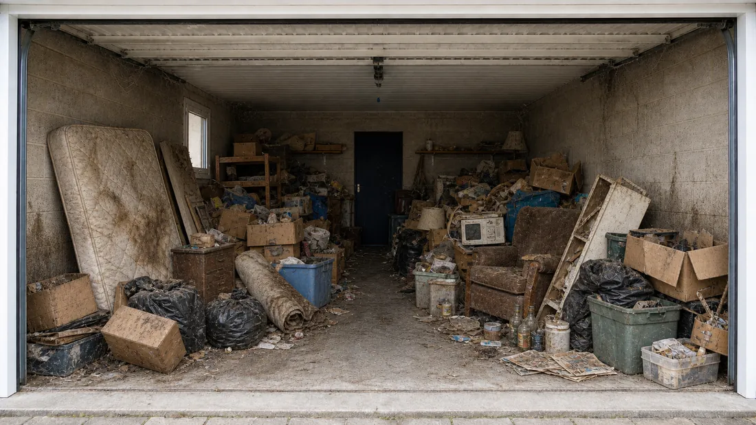 Garage encombré avant une intervention de débarras